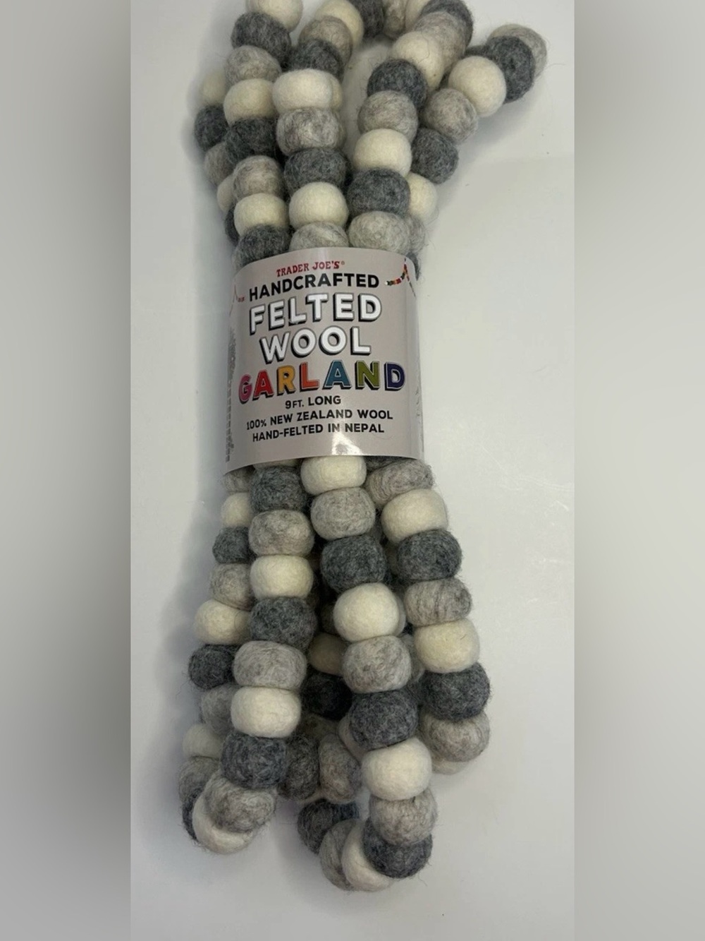 Trader Joes Handcrafted Felted Wool Garland 9 Feet Gray/Ivory -100% Wool -NWT